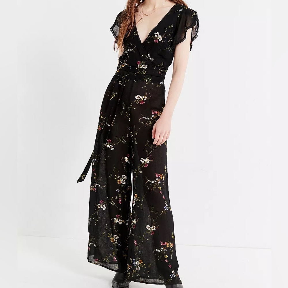 Urban Outfitters Black Floral Wrap Jumpsuit with Tie Waist
